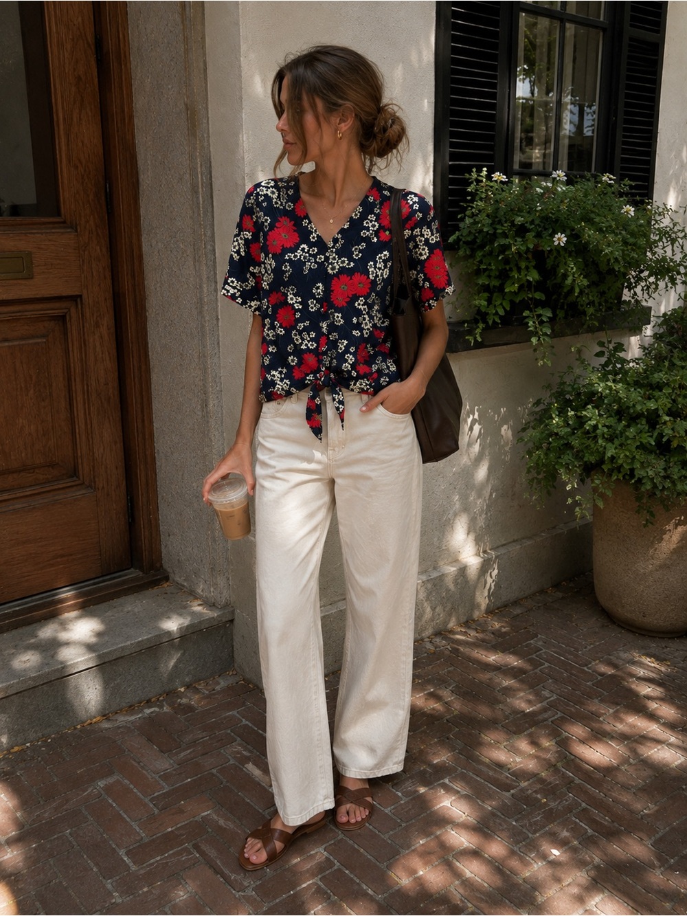 Madewell Navy Floral Tie-Front Top with Red Blooms